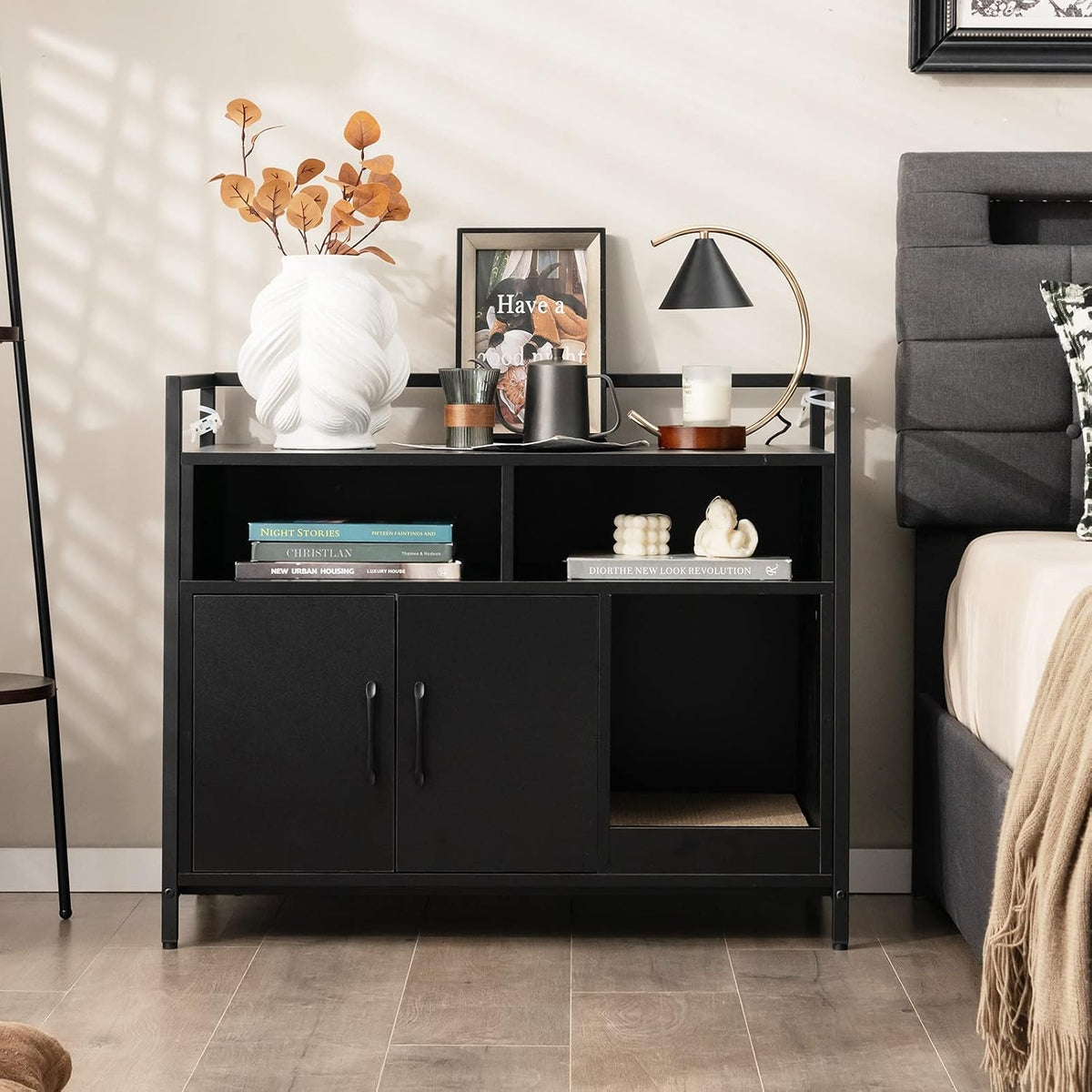 Cat Litter Box Enclosure, Litter Box Cabinet with Cat Scratcher, 2-Door Storage Cabinet, 2 Open Compartments and Air