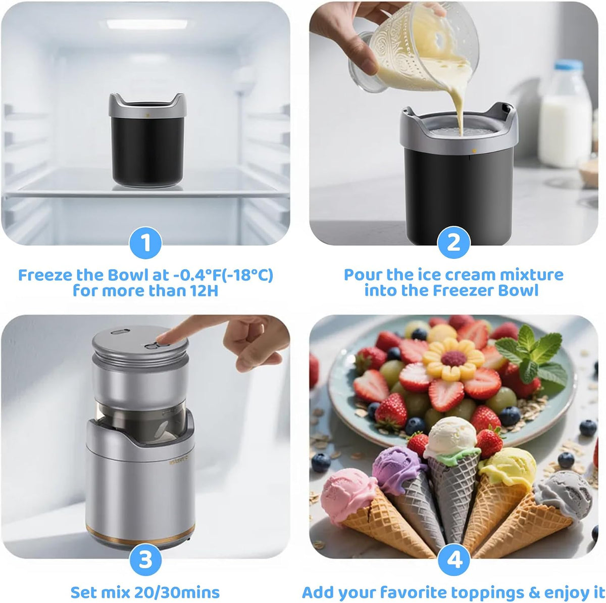 Ice Cream Maker Machine,Quiet,Rechargeable,1–2 Servings,Silver