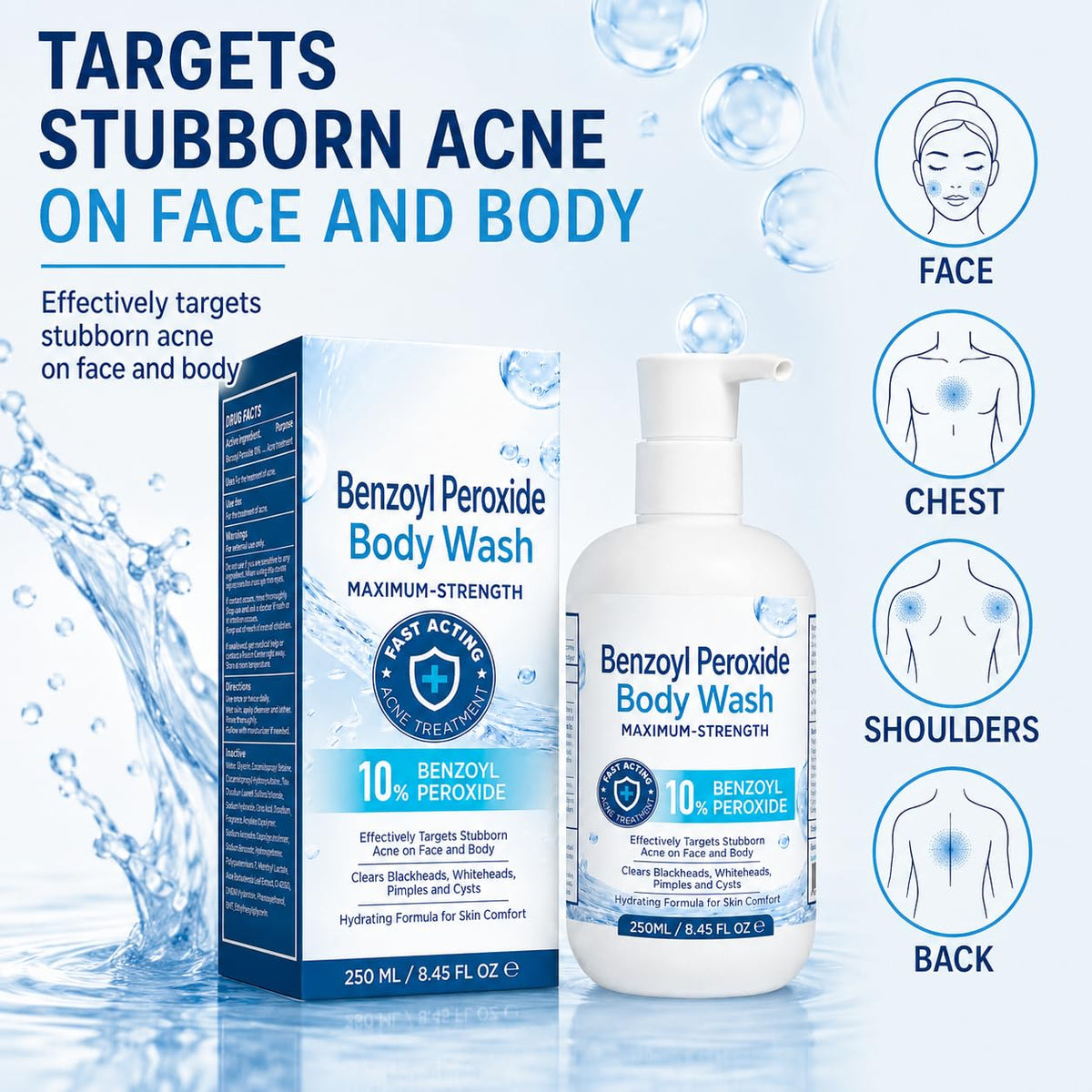 Benzoyl Peroxide Body Wash: 10% Benzoyl Peroxide Acne Wash for Face, Skin, Butt, and Back Acne - Maximum-Strength