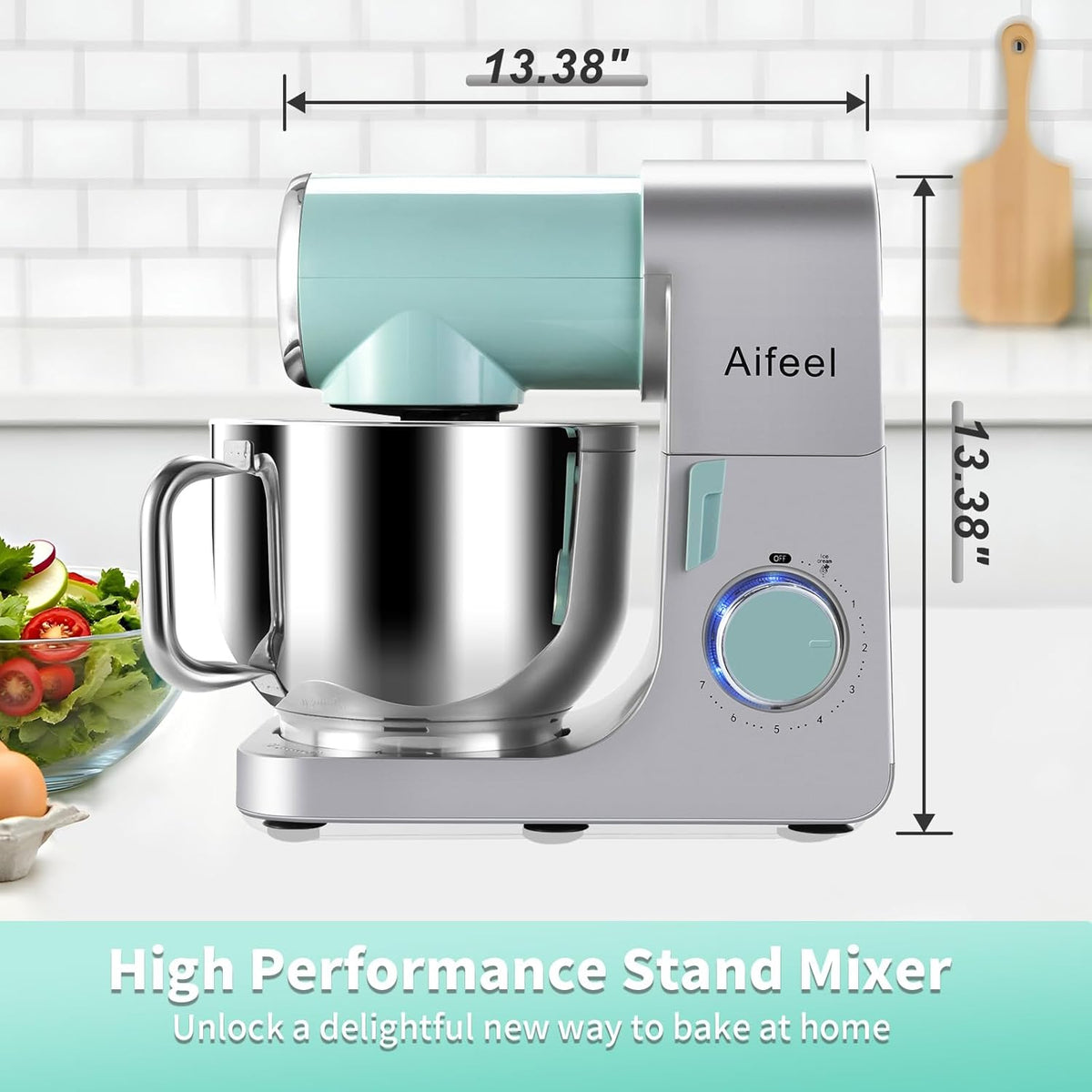 Stand Mixer,6.5QT Electric Mixer,700W DC Motor with Low Noise Green-Silver | Kitchen Mixer with Dough Hook,Flat
