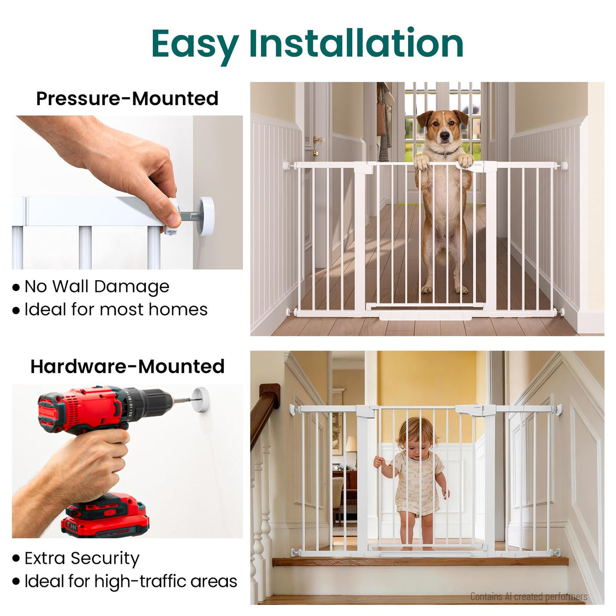 30-54" Extra-Wide Adjustable Hardware/Pressure-Mounted Pet & Child Safety Gate with Auto-Close Walk-Through Door for Stairs, Hallways & Wide Doorways — White