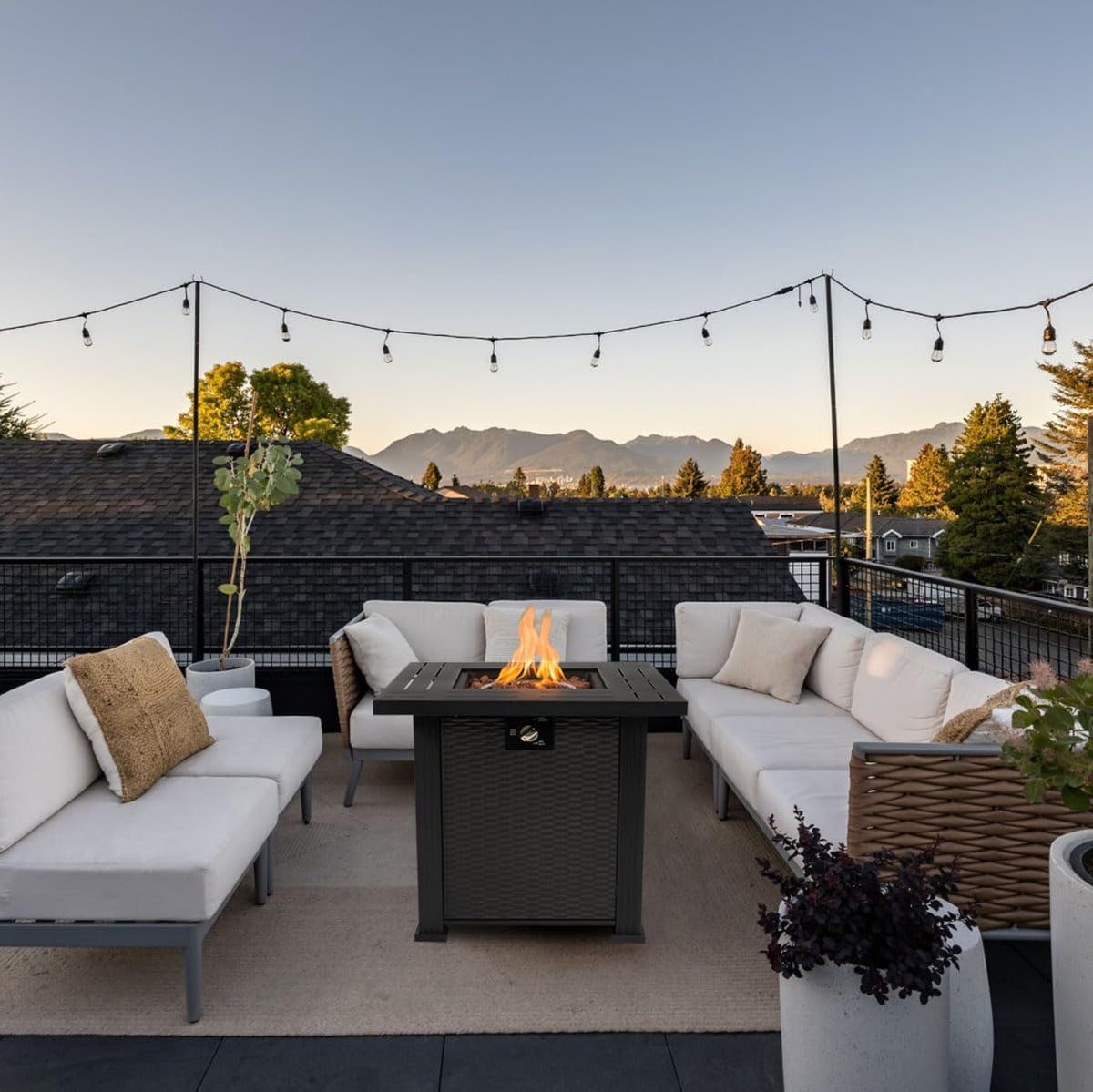 28'' Propane Fire Pit Table, 50,000 BTU Fire Table with Steel Lid, Big Legs, Lava Rocks.