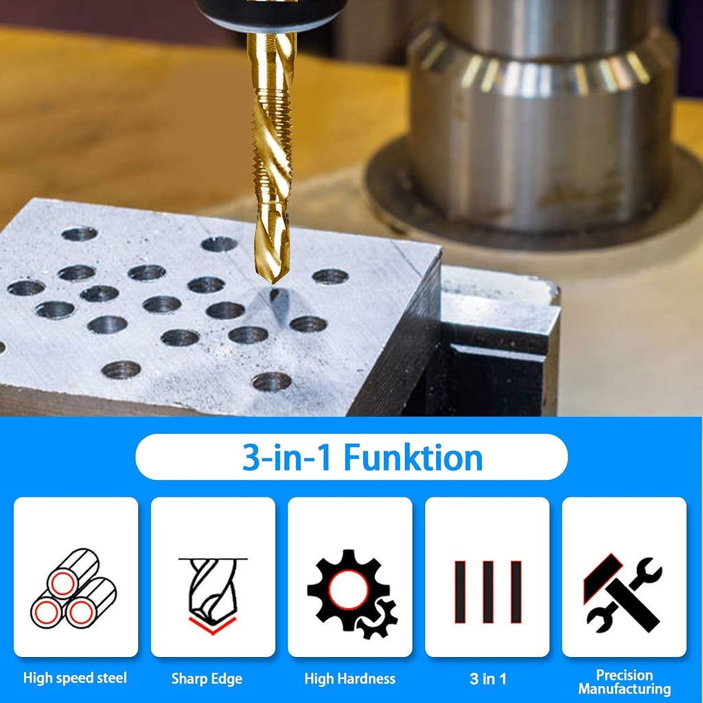 DKIBBITH 6-pc Metric M3 Combination Drill Tap Bit Set, M3*0.5 Thread Size, Titanium Coated High-Speed Steel, Ideal for Drilling and Threading in Soft Metal Wood and Plastic,1/4" Hex Shank