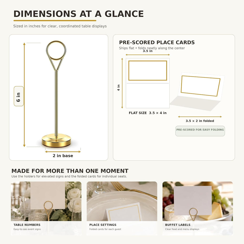 Gold Table Number Holders with 100 Place Cards, 10 Pack, 6-Inch