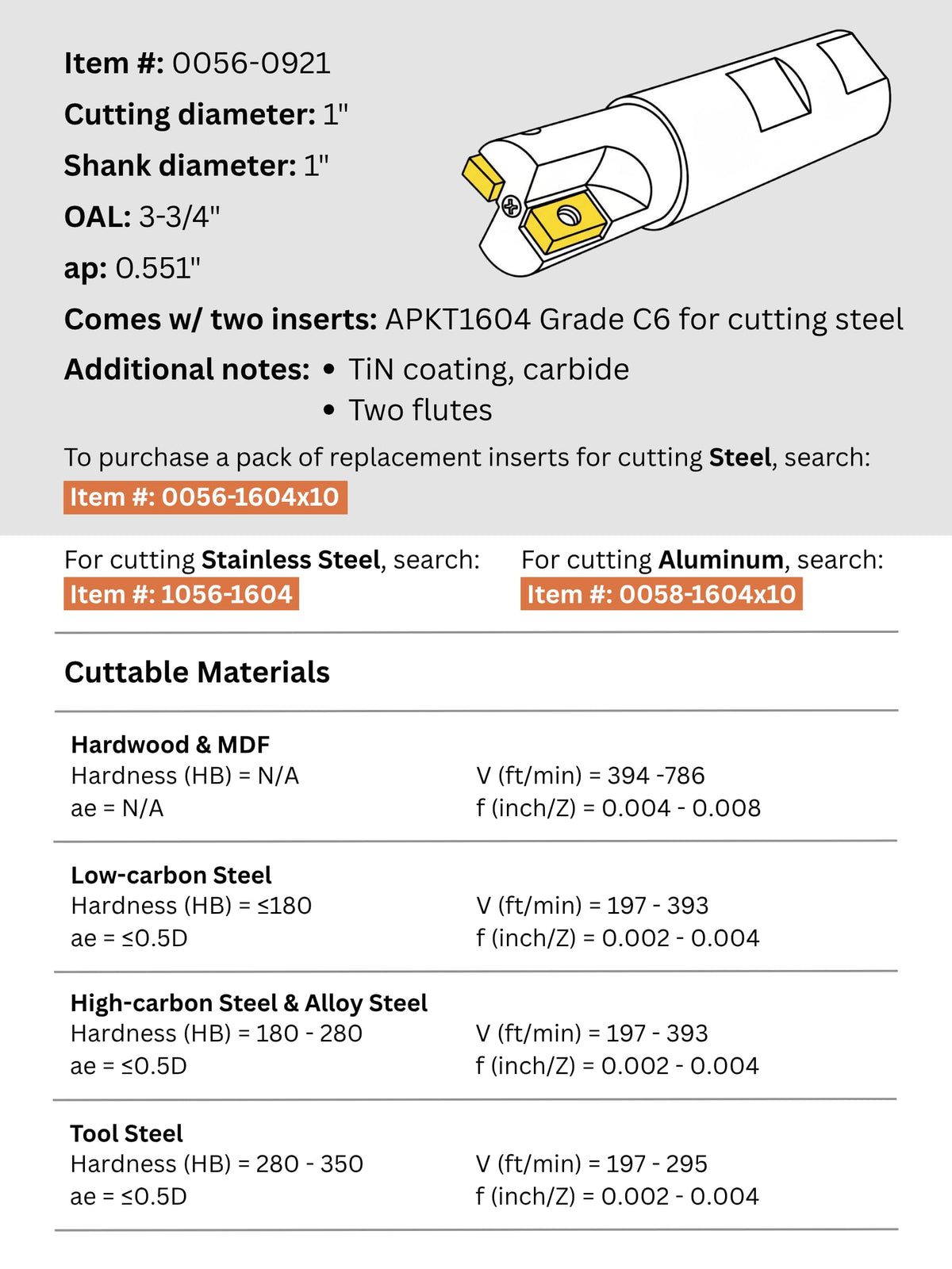 Accusize Industrial Tools 1'' 90 Deg Square Shoulder Indexable End Mill with APKT1604 Inserts, 0056-0921