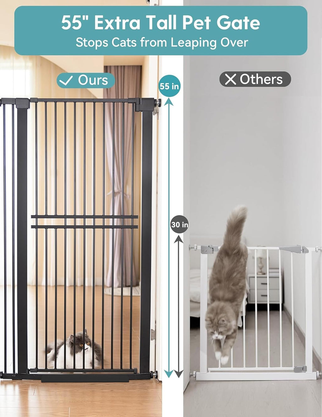 55" x 29-40" Wide Extra-Tall & Extra-Wide Adjustable Hardware/Pressure-Mounted Pet & Child Safety Gate with Dual-Lock Walk-Through Swing Door for Stairs, Hallways & Wide Doorways — Black