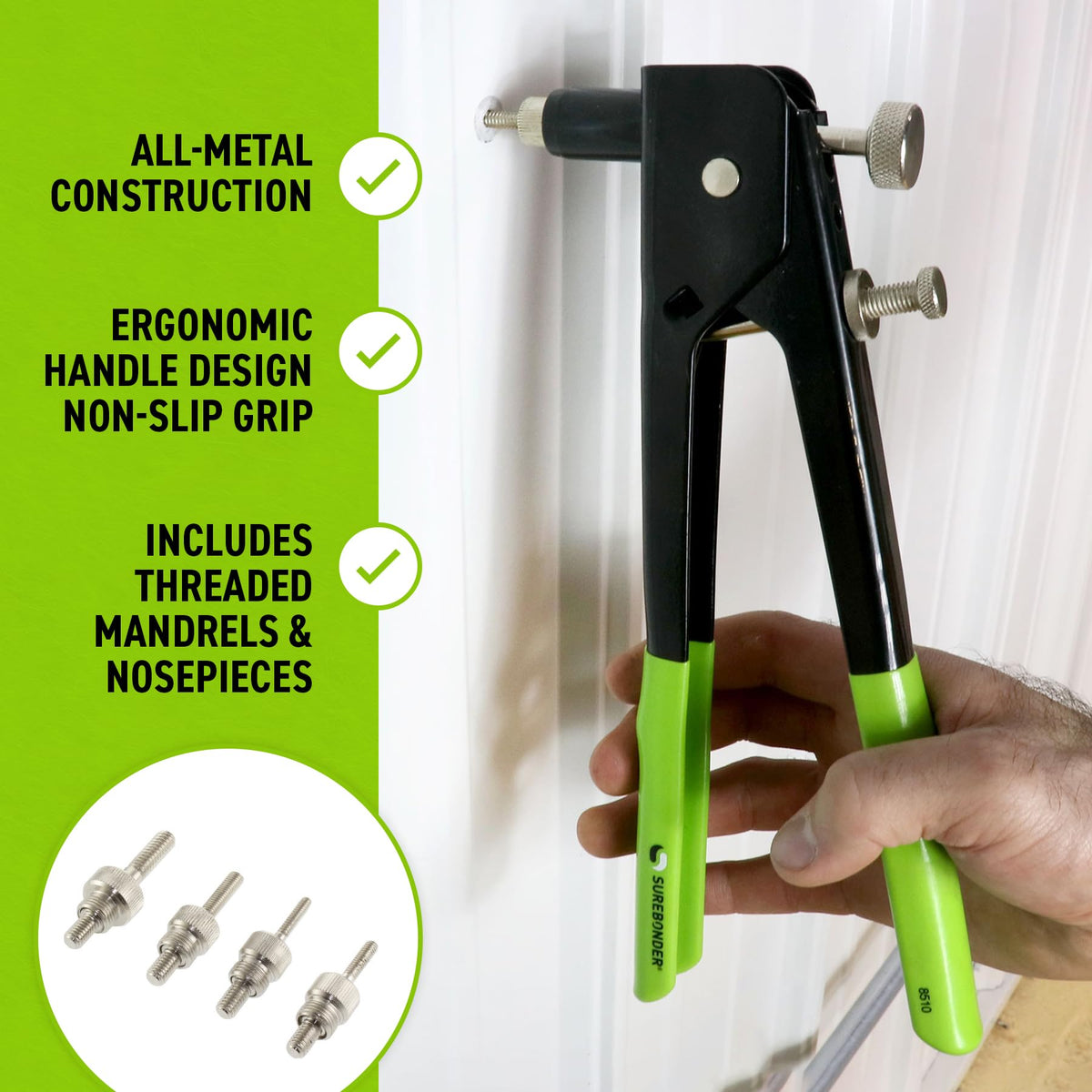 Surebonder Threaded Insert Tool for Metal, Fiberglass, Plastic - Includes 5 Sizes of Threaded Mandrels & Nose Pieces (8510)