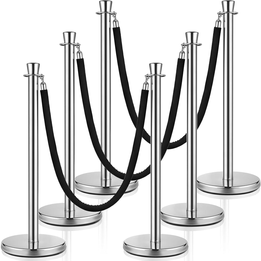6 Pcs Stainless Steel Stanchion Post Queue with Crown Top 5 ft and 3 Pcs Velvet Rope and Poles Crowd Control Barriers