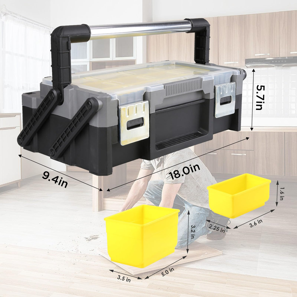 18 Inch Portable Plastic Cantilever Tool Box Organizer with Removable Compartments, Great Organization and Storage