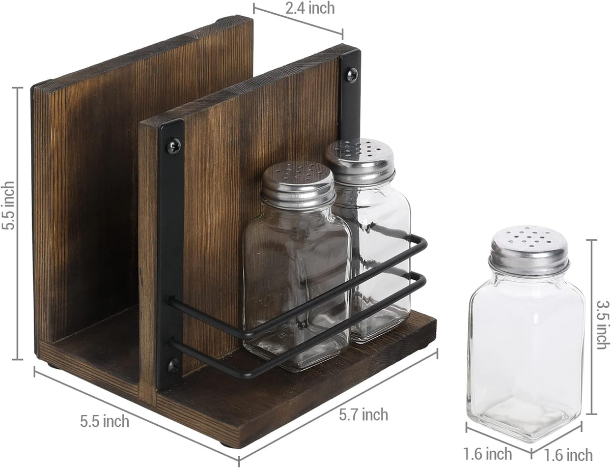 Modern Wooden and Metal Napkin Holder Caddy with 3 Glass Shakers