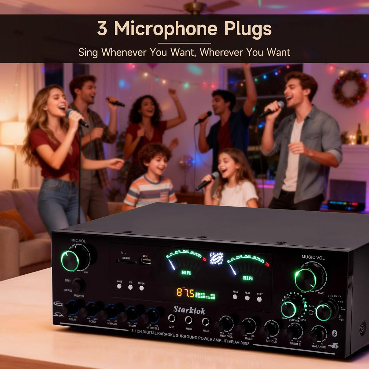 3000W Peak 5.1-Channel Home Audio Power Amplifier – HiFi Stereo Amplifier with Subwoofer, 3 Microphone Inputs, USB/SD