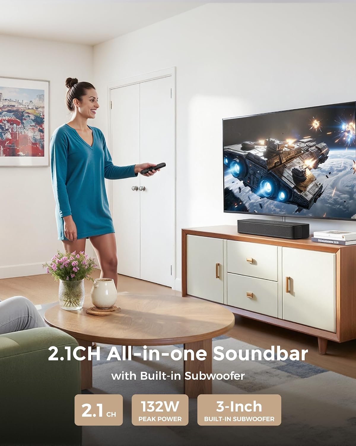 2.1ch Sound Bar for TV, Built-in Subwoofer, Stereo Shelf System | Peak Power 132W, App Control, 16 Inches Bluetooth