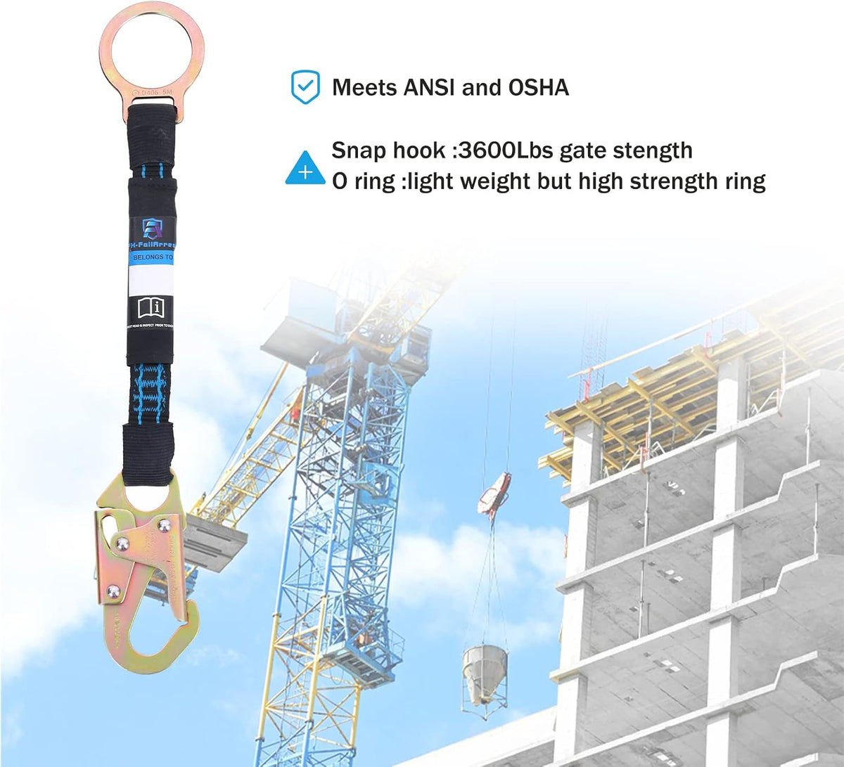 18 Inch D Ring Extender with Galvanized Steel Self Locking Snap Hook and O Ring，Heavy Duty Fall Protection Safety