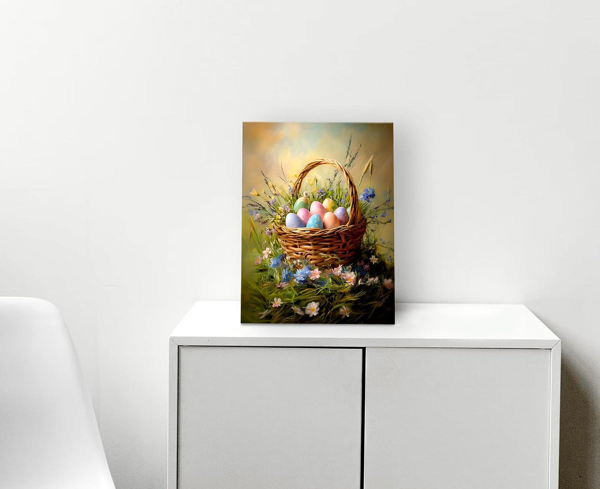 Easter Eggs Basket Spring Wall Decor Framed Canvas Wall Art, Vintage Wildflower Landscape Decor, Easter Bunny Eggs