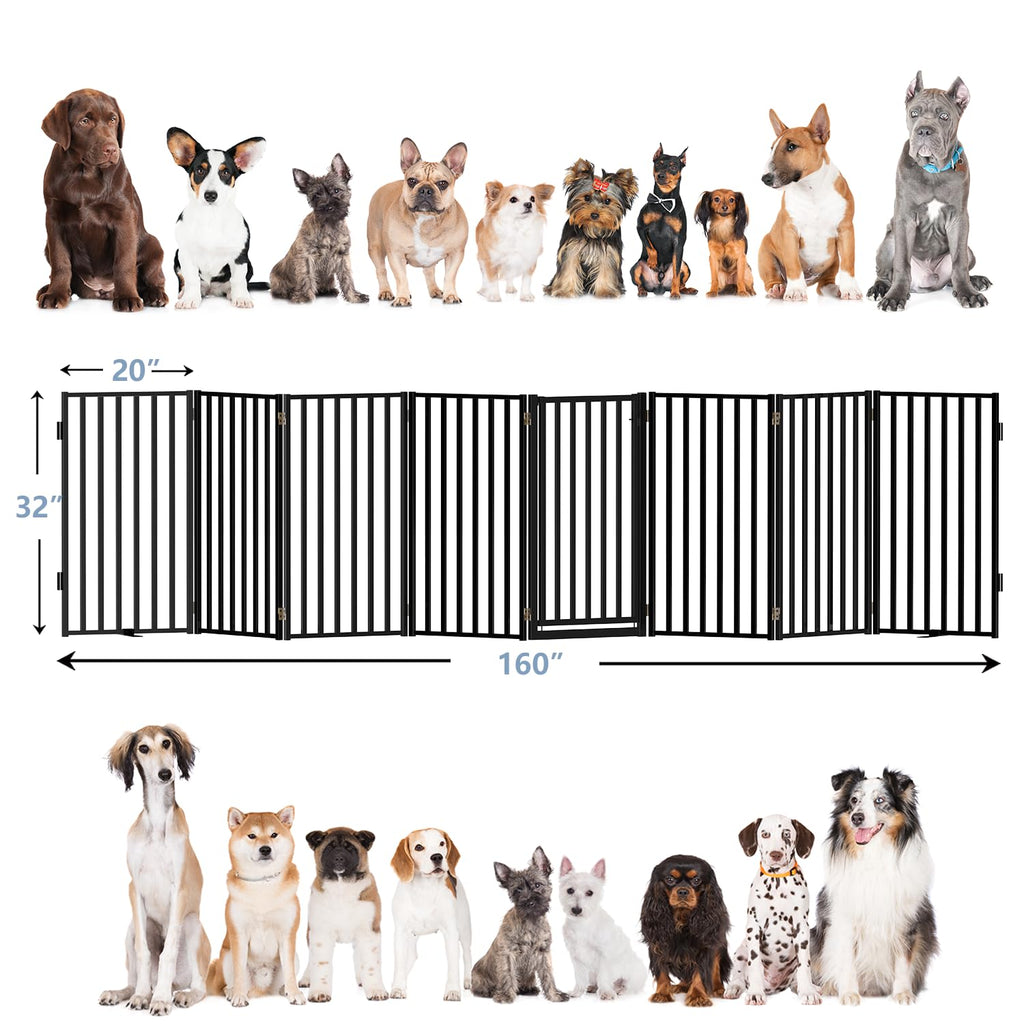 32" Tall 8-Panel Freestanding Heavy-Duty Steel Folding Pet & Dog Barrier Gate with Walk-Through Swing Door for Wide Indoor Openings, Hallways & Stairs