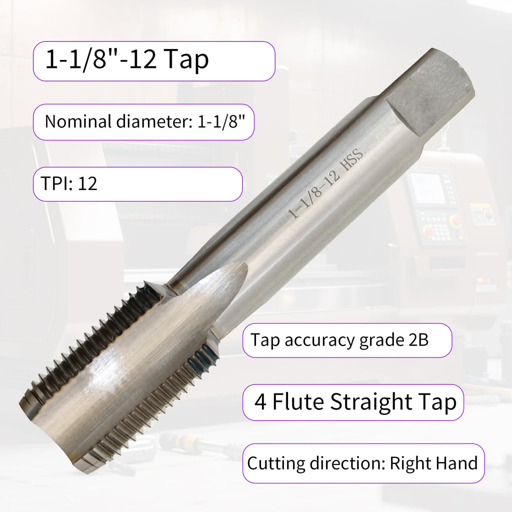 1-1/8"-12 Tap, Right Hand, UNF, Straight Flute, 4 Flute