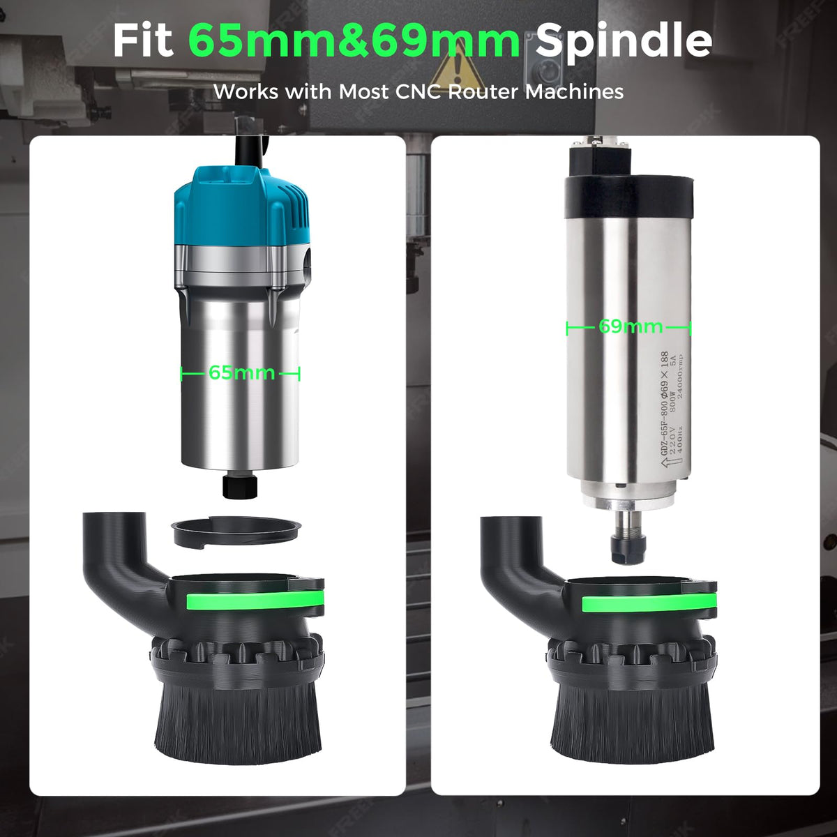CNC Dust Shoe for 65mm & 69mm Spindles, Dual Brush, 1.5in Port