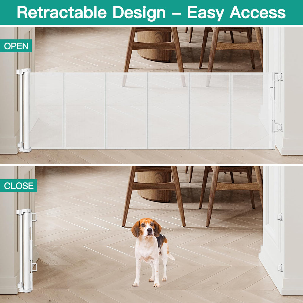 24" Tall x 150" Extra-Wide Retractable Indoor Mesh Pet & Child Safety Gate with One-Hand Safety Lock for Wide Openings, Patios & Stairways