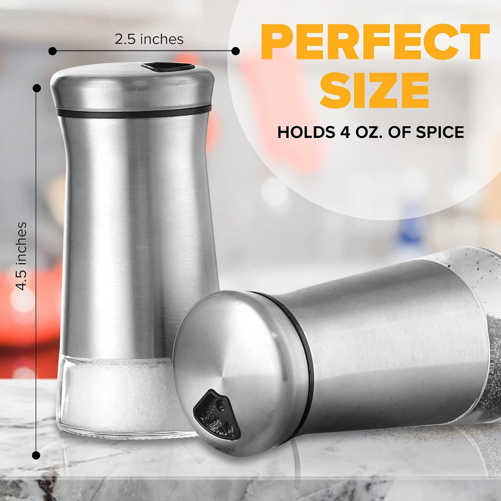 Salt and Pepper Shaker Set, Stainless Steel & Glass Spice Shakers, Adjustable Pour Holes, Refillable Salt & Pepper