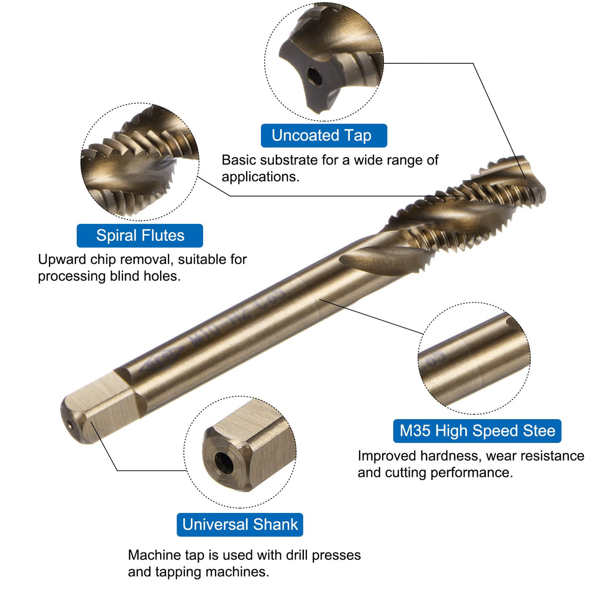 uxcell Metric Spiral Flute Thread Taps, M10 x 1.5 H2 Screw Threading Tap, Machine Tapping Tools for Machinist Repair (M35 Cobalt High Speed Steel (HSS-CO), Uncoated)