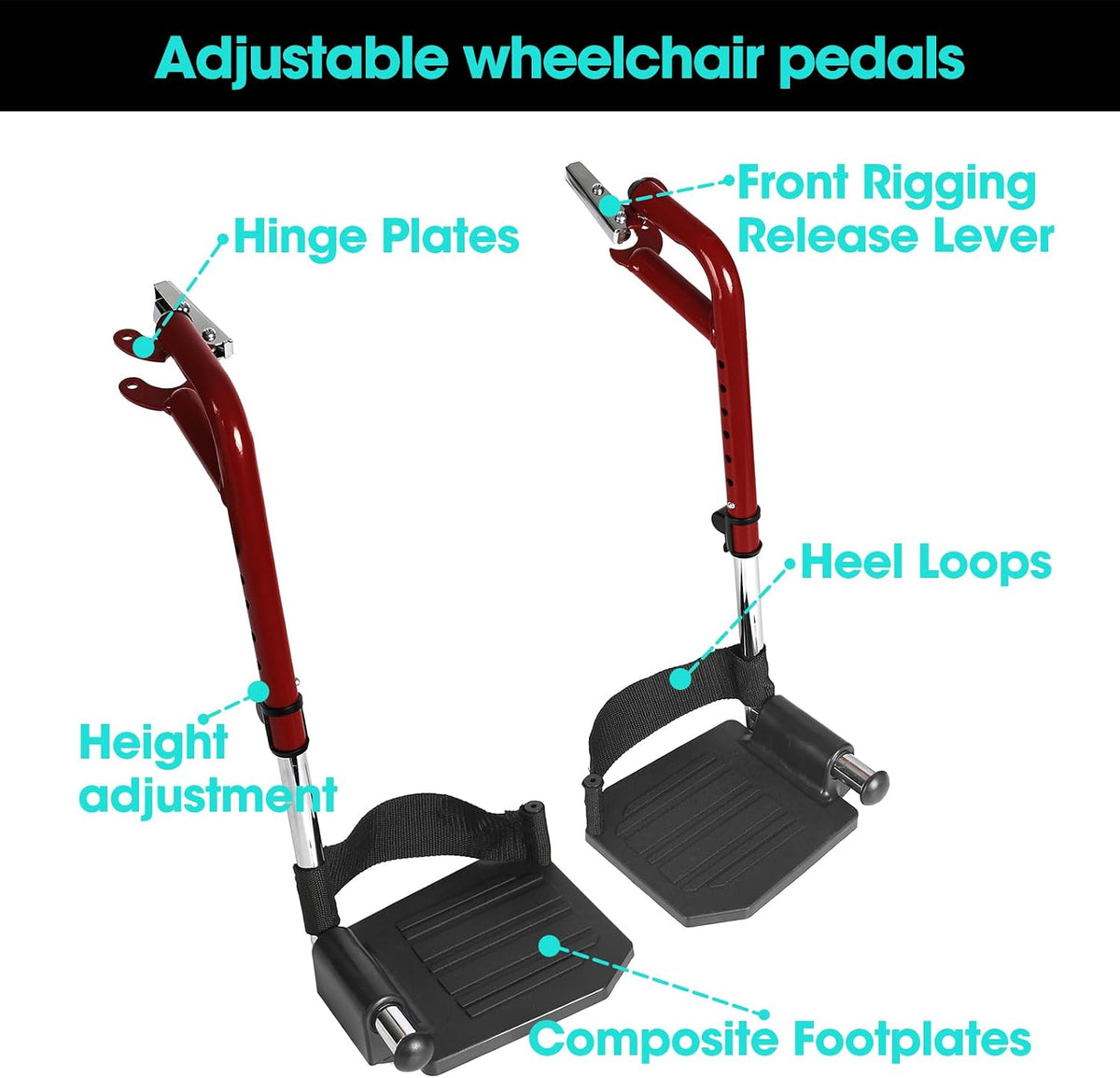 Wheelchair Footrest Replacement - Adjustable Composite Footboard & Heel Loop, Universal Foldable Foot Rest, Red, Lightweight,Affordable Easy Installation(1 Pr, Deepred)