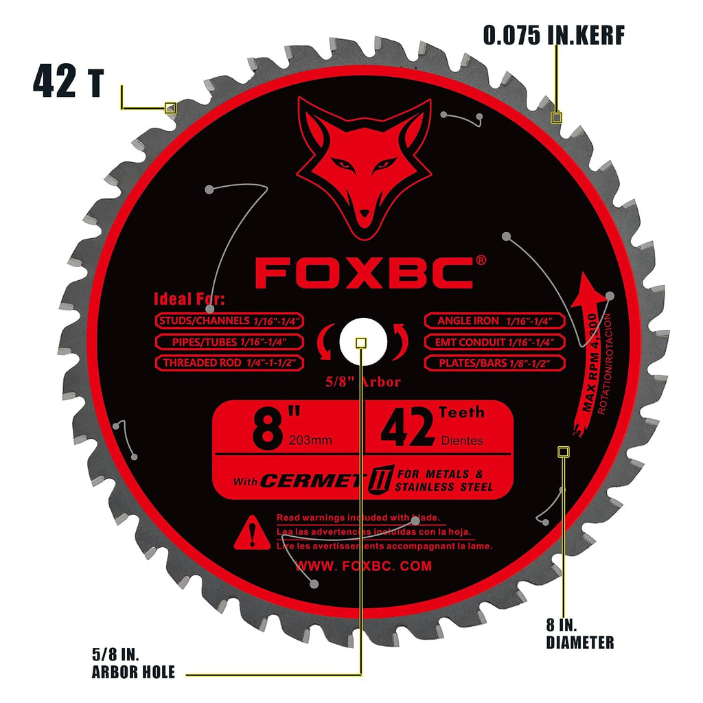 FOXBC 8 Inch Metal Steel Cutting Circular Saw Blade 42 Teeth, Cermet Carbide Up to 5X Longer Life