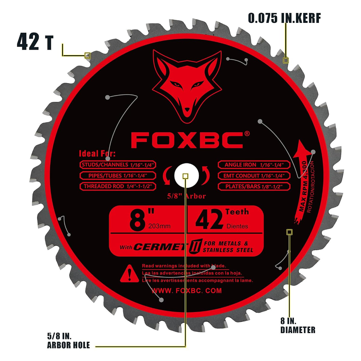 FOXBC 8 Inch Metal Steel Cutting Circular Saw Blade 42 Teeth, Cermet Carbide Up to 5X Longer Life