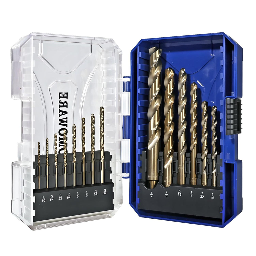 COMOWARE Cobalt Drill Bit Set- 14Pcs M42 8% Cobalt High Speed Steel Twist Jobber Length for Hardened Metal, Stainless Steel, Cast Iron and Wood Plastic with Indexed Storage Case, 1/16"-1/2"