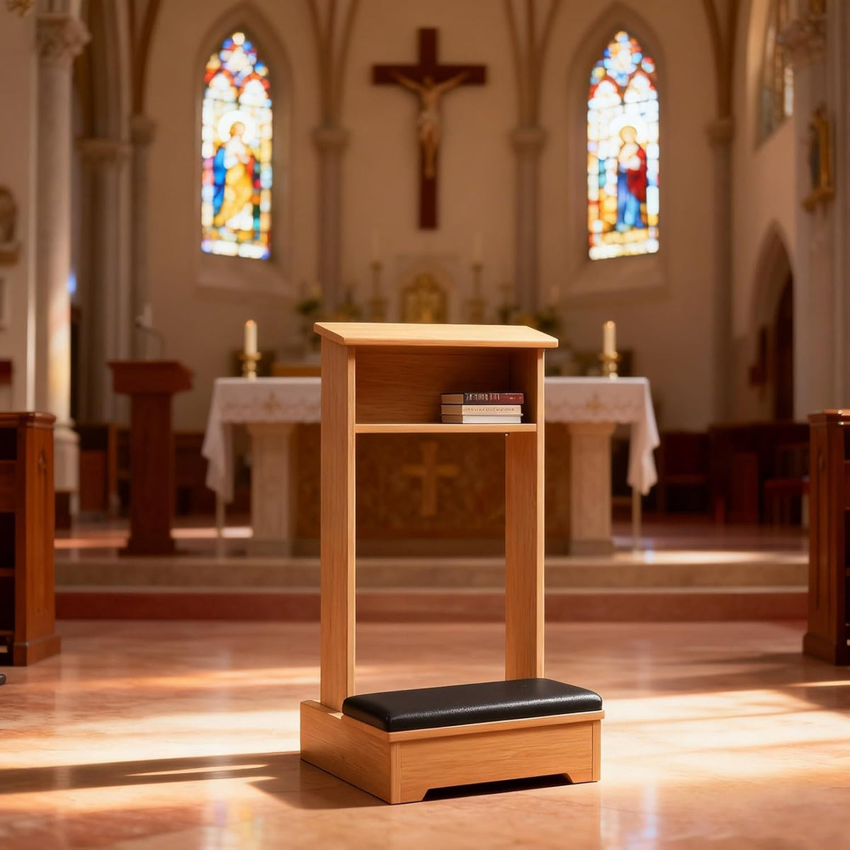 Solid Wood Prayer Kneeler Bench with Cushion & Shelf - 20x6.5x33in Mation Stool for Church, Pulpit, Home Prayer