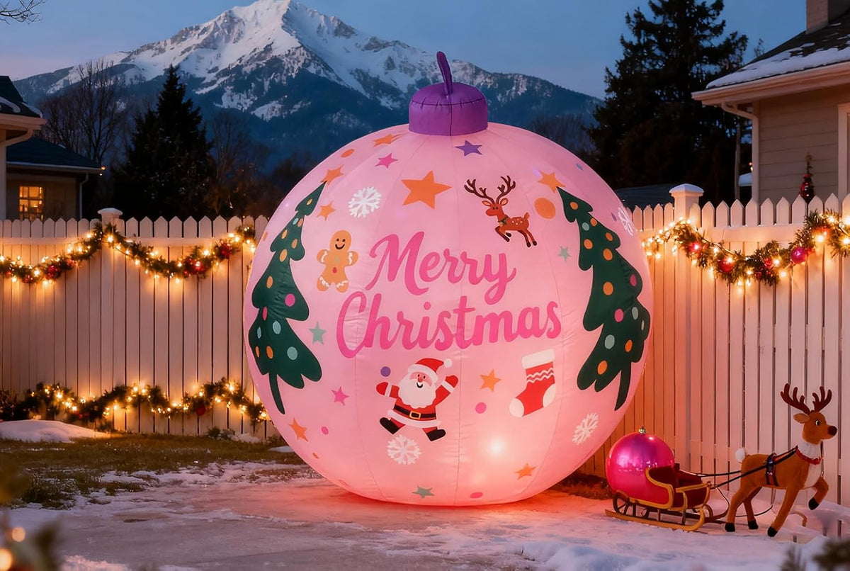 8ft Pink Christmas Ball Inflatable Outdoor Indoor Decor, Giant Blow Up IP44 Weatherproof Xmas Decorations for Yard