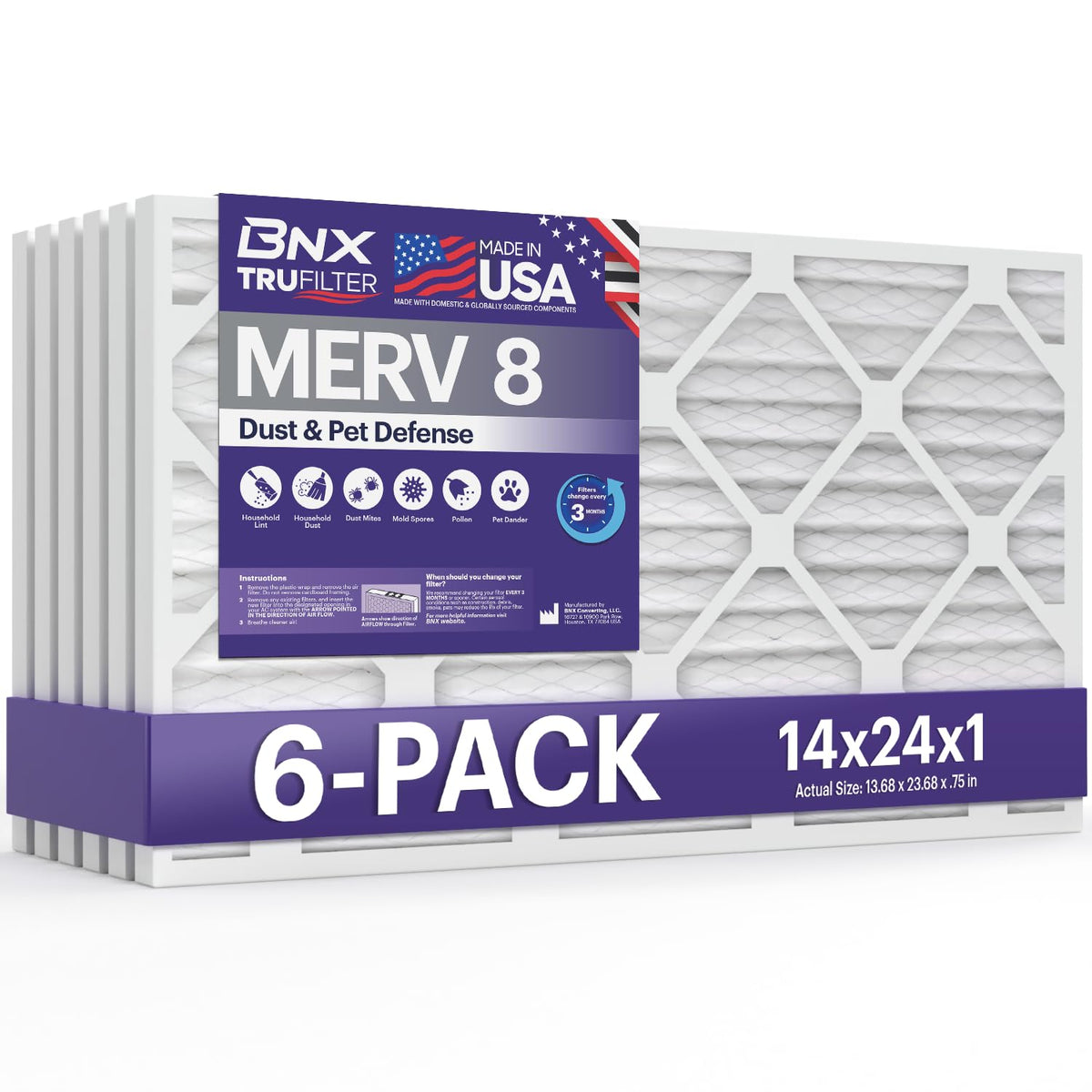 TruFilter 14x24x1 Air Filter MERV 8 (6-Pack) - MADE IN USA – Dust & Pet Defense Air Conditioner HVAC AC Furnace