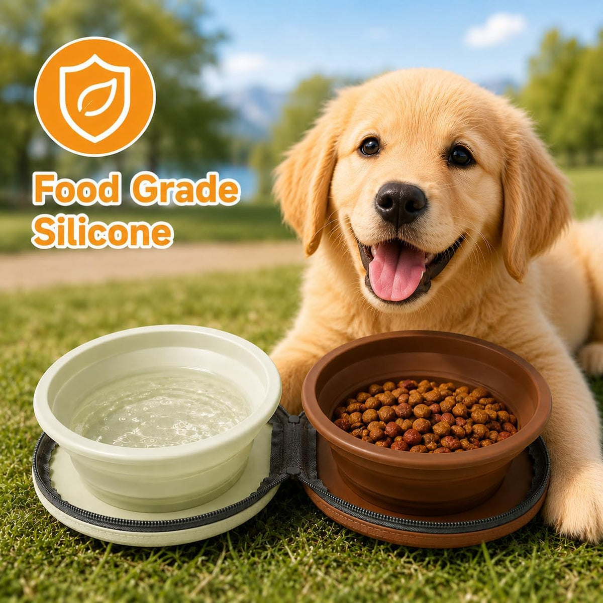 2-in-1 Collapsible Dog Bowls, 450ML Silicone Travel Bowls, Brown and Green