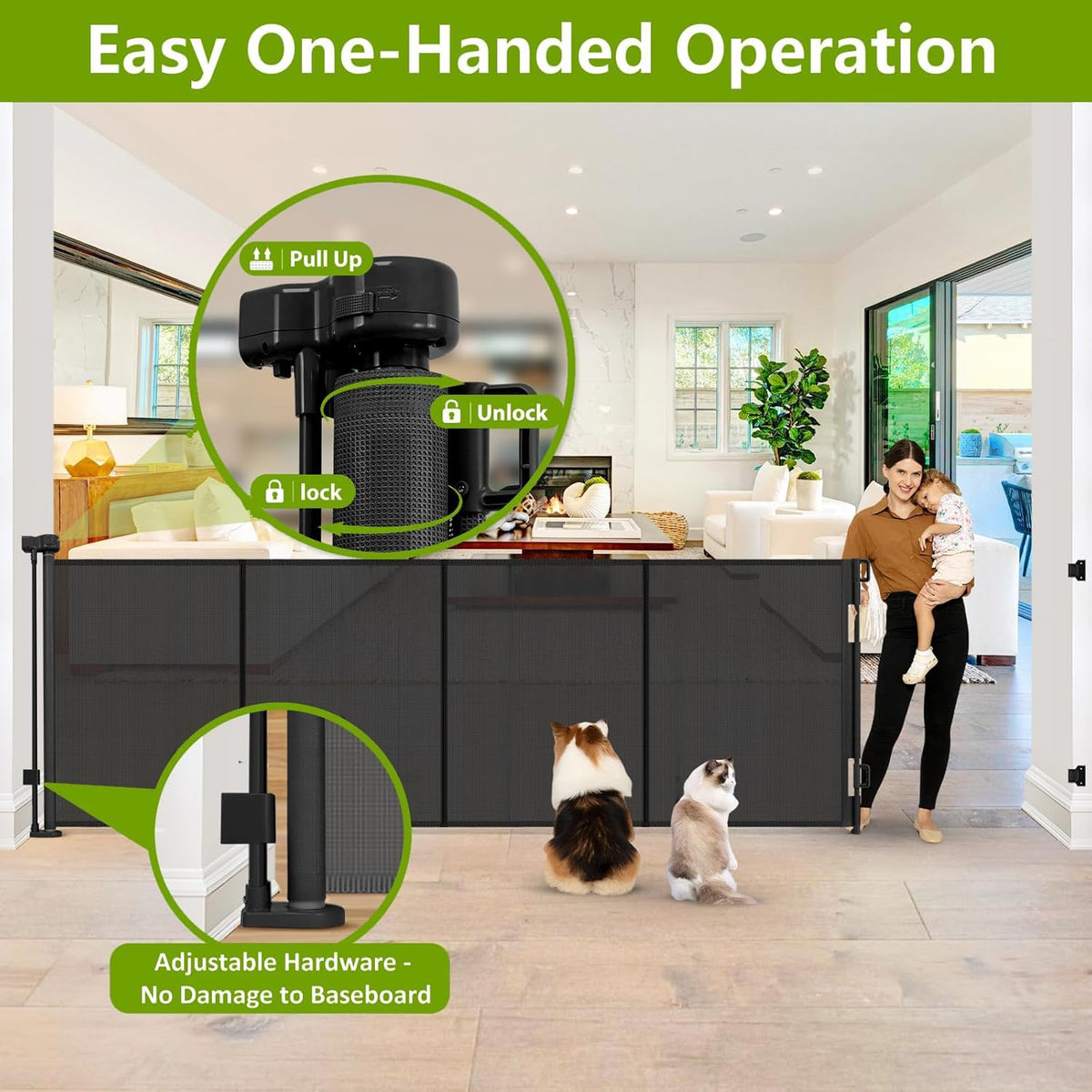42" Tall x 155" Wide Extra-Wide Retractable Indoor/Outdoor Mesh Pet & Child Safety Gate with One-Hand Safety Lock for Wide Openings, Patios & Stairways