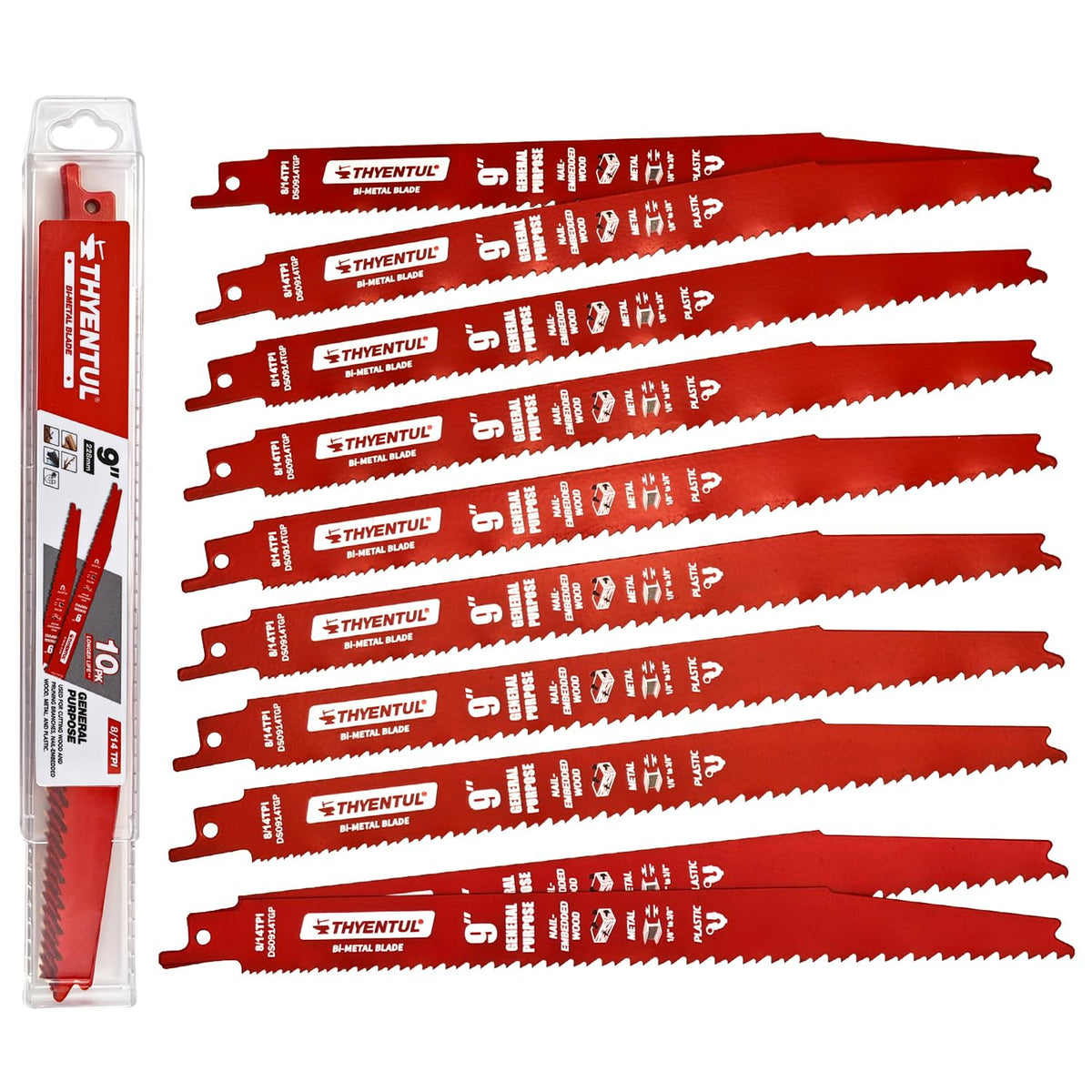 10 Pack 9 Inch 8/14 TPI Reciprocating Saw Blades, Multi-Purpose Bi-Metal Sawzall Blades for Wood & Nail-Embedded Wood,Metal Cutting for 1/8"-3/8" Medium Metals,Compatible with Diablo Sawzall Blade