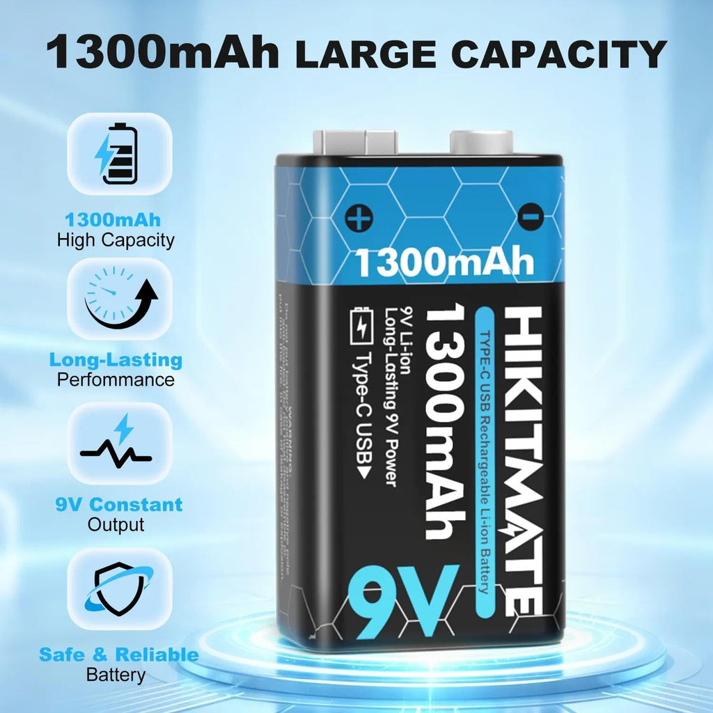 1300mAh Rechargeable 9V Batteries Lithium USB C, 2 Pack | 9 Volt Battery Li-ion for Smoke Detectors Alarms, 2H Fast