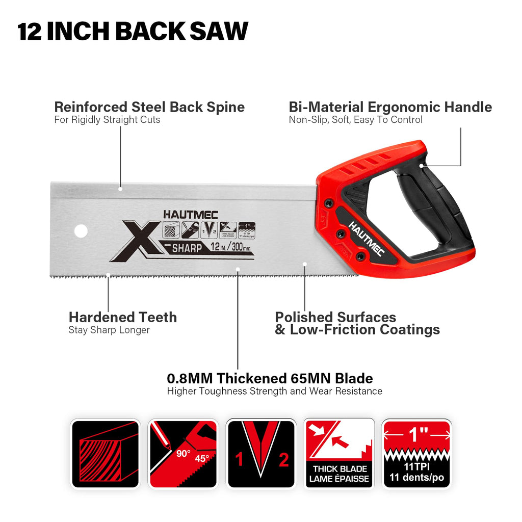 HAUTMEC 12" Dovetail Saw, 11 TPI Fine-Cut Tenon Back Saw with Hardened Double-Ground Teeth, 65Mn Steel Blade, Reinforced Steel Spine & Ergonomic Handle for Precision Woodworking (HTHDM25037)