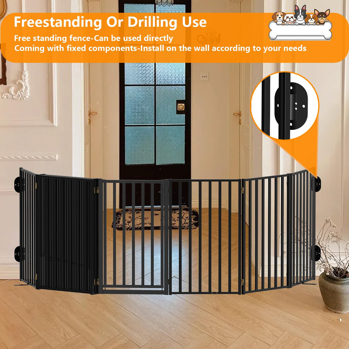32" Tall 8-Panel Freestanding Heavy-Duty Steel Folding Pet & Dog Barrier Gate with Walk-Through Swing Door for Wide Indoor Openings, Hallways & Stairs