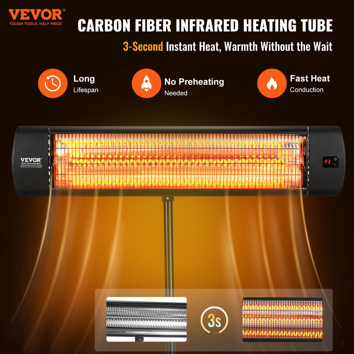 Electric Patio Heater, 1500W, 34 IN Standing and Wall Mount Infrared Heater, with 3 Speeds and Timer