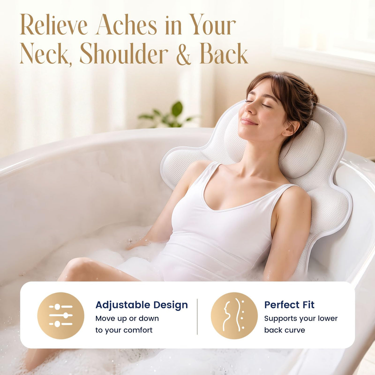 Bath Pillows for Tub, 4D Breathable Mesh Tub Cushion Neck Back Support with 6 Suction Cups Hanging Hook White