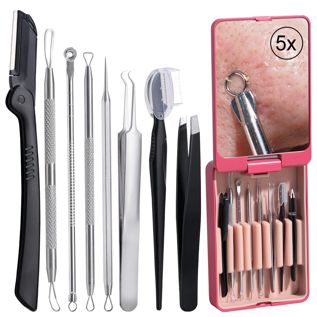 Blackhead Remover Tool Comedones Extractor Acne Removal kit & Eyebrow Trimmer Kit, 8PCS in One with 5X Magnifying