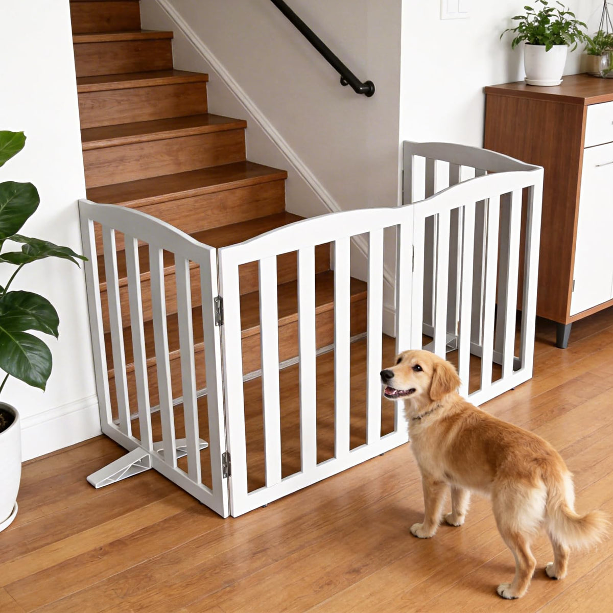 Freestanding Solid Wood Folding Pet & Dog Barrier Gate with Support Feet for Wide Indoor Openings, Hallways & Stairs — White