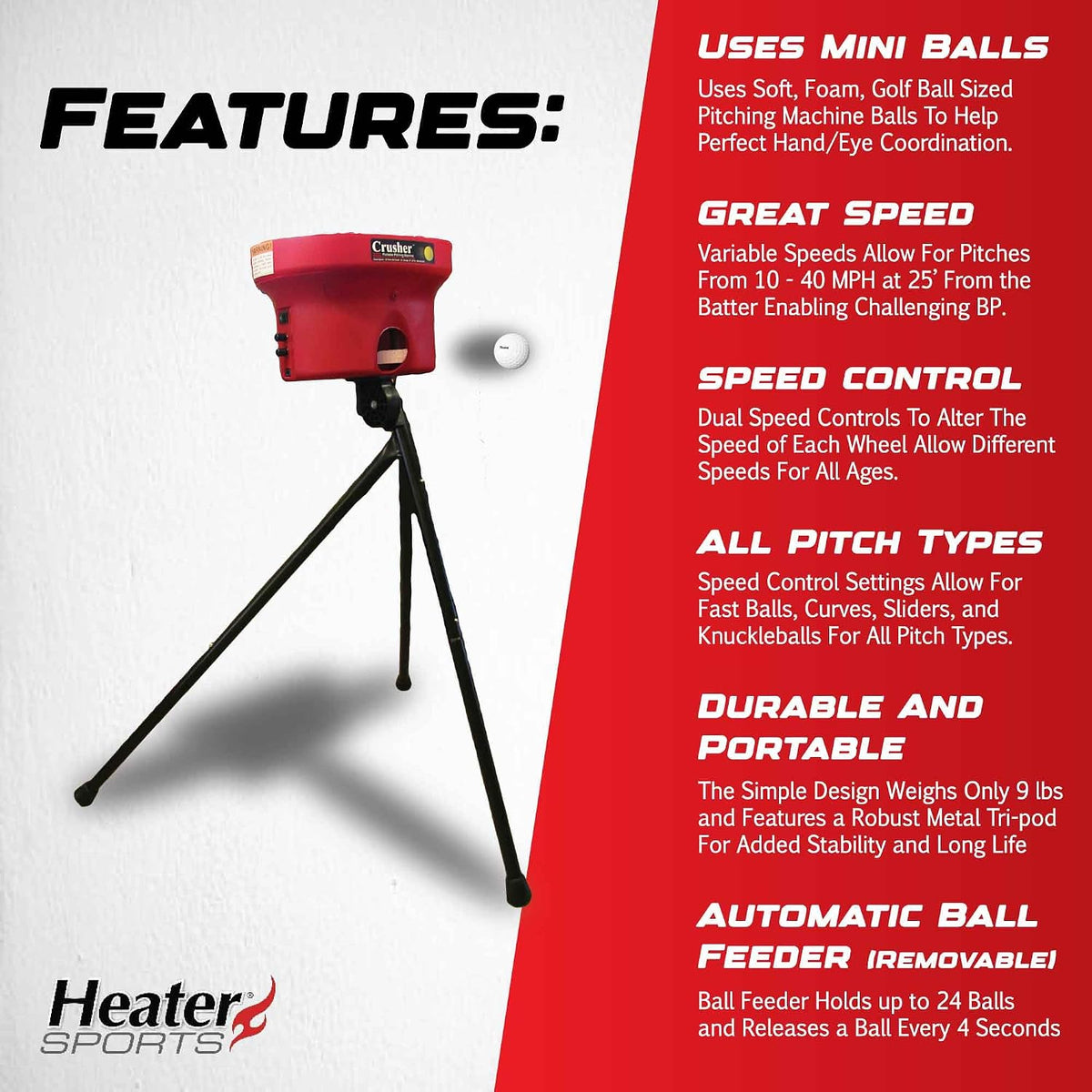 Sports Crusher Pitching Machine – Pitches Fastballs & Curveballs | Accurate, Adjustable, Compact & High Performance |