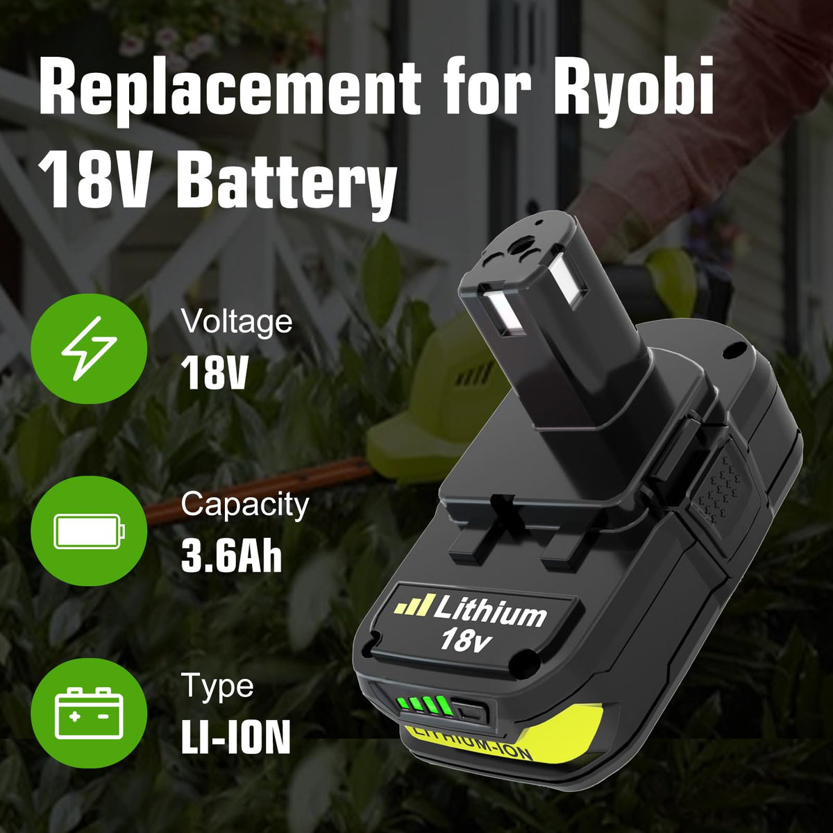 2 Packs 18 Volt 3.6AH Replacement for Ryobi 18V Battery 3600mAh(Green)