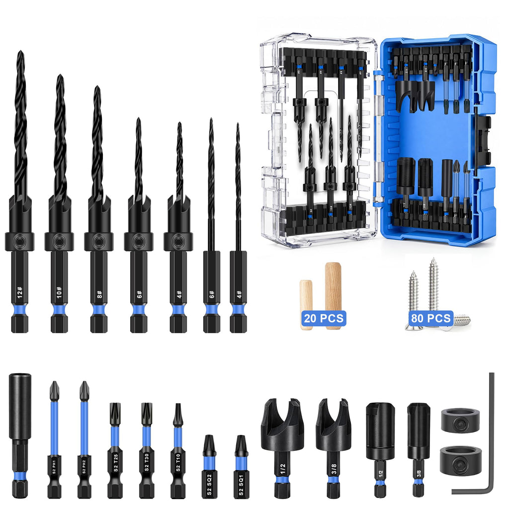 Countersink Drill Bit Set 22PCS with 20 Wood Plugs & 80 Screws for Wood