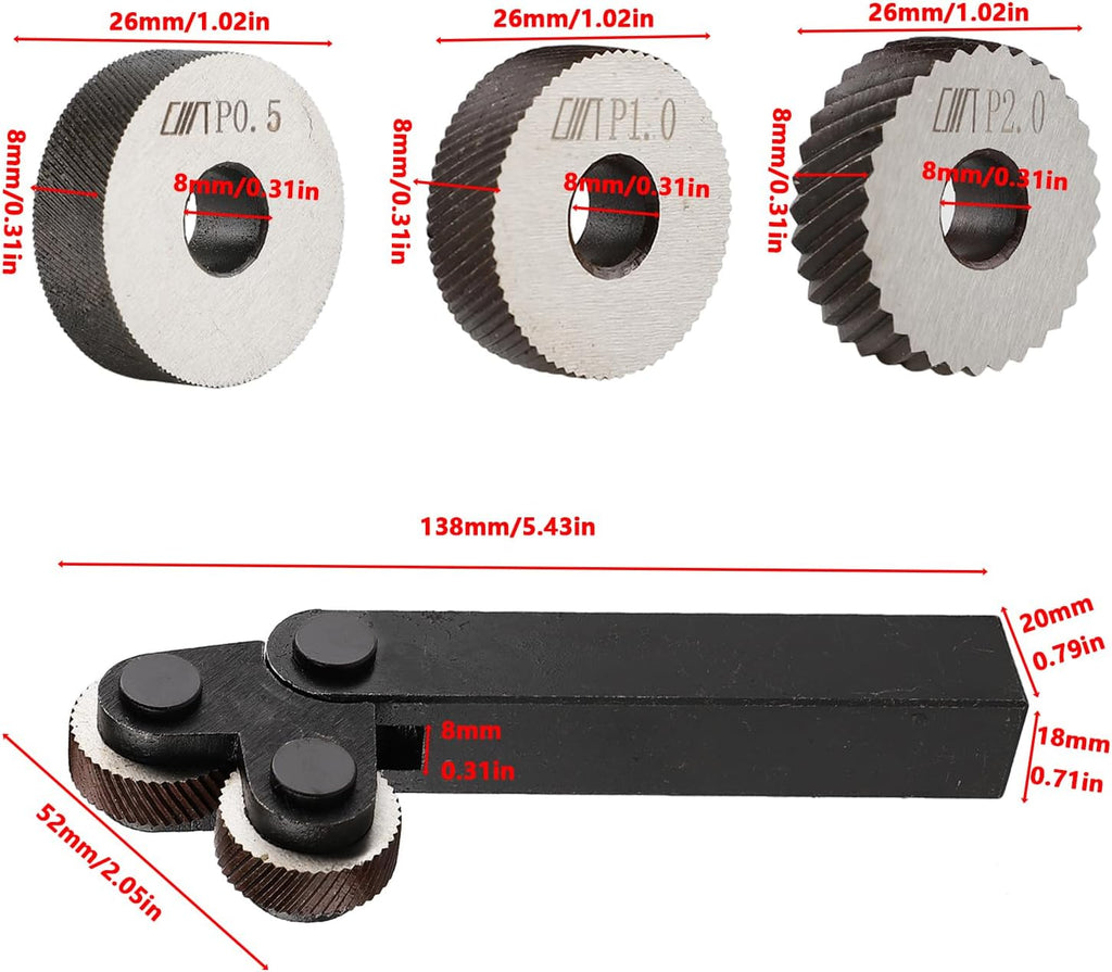 1.5mm Diagonal Dual Wheel Knurling Tool Set with 6PCS Knurling Single Wheels 0.5mm 1mm 2mm