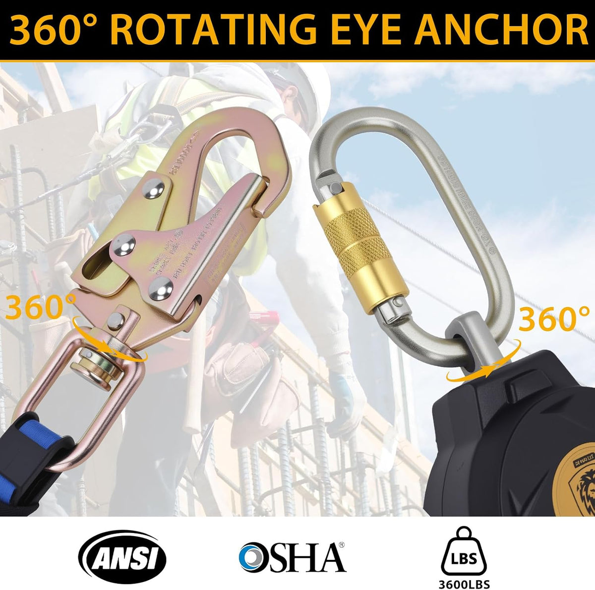 Fall Protection Safety Lanyard - 11FT Self Retracting Fall Arrest Lifeline Roofing Construction Gear OSHA/ANSI Compliant