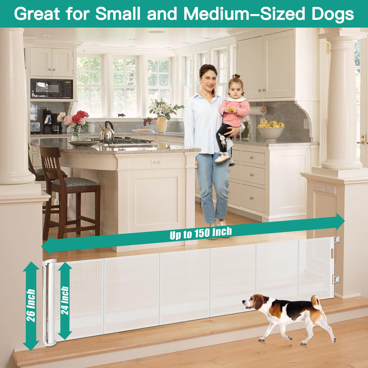 24" Tall x 150" Extra-Wide Retractable Indoor Mesh Pet & Child Safety Gate with One-Hand Safety Lock for Wide Openings, Patios & Stairways