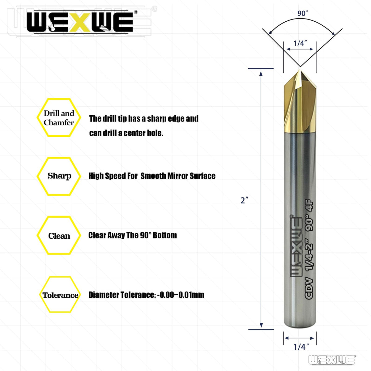 WEXWE Tools Chamfer End Mill for Wood, Aluminium, Carving, Drilling and Chamfering, V Groove, 90 Degree, Mill Bits Sets for DIY, 4 Flute, 1/4" Shank (3 Piece, 1/4 90°)