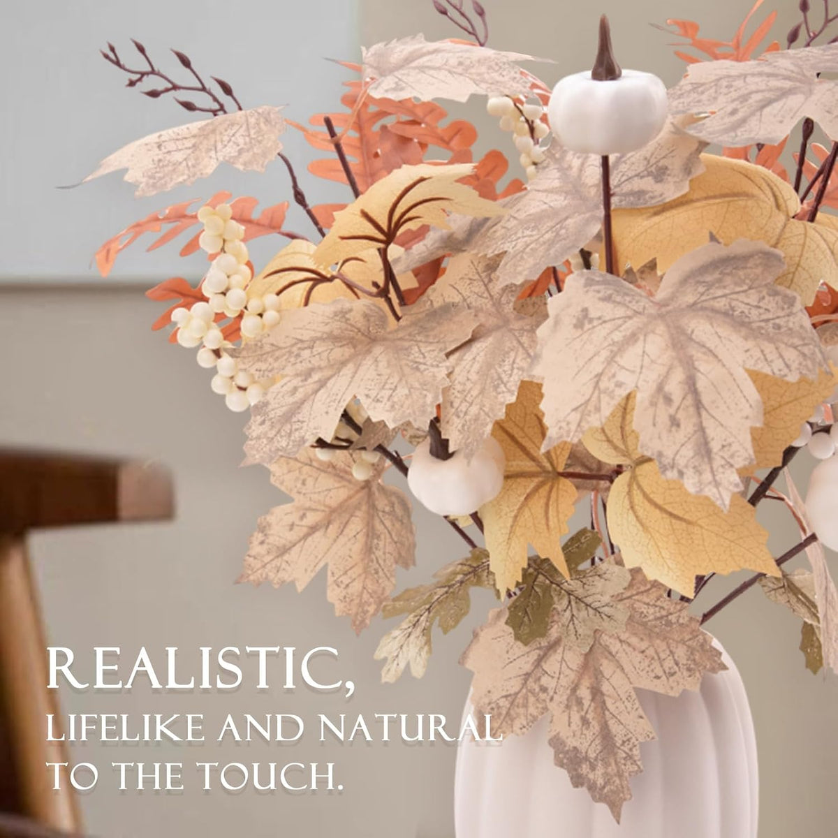 Fall Decor - Ceramic Pumpkin Vase with 15 PCS Autumn Maple Leaf Pumpkin Berry Stems - Table Centerpieces Thanksgiving