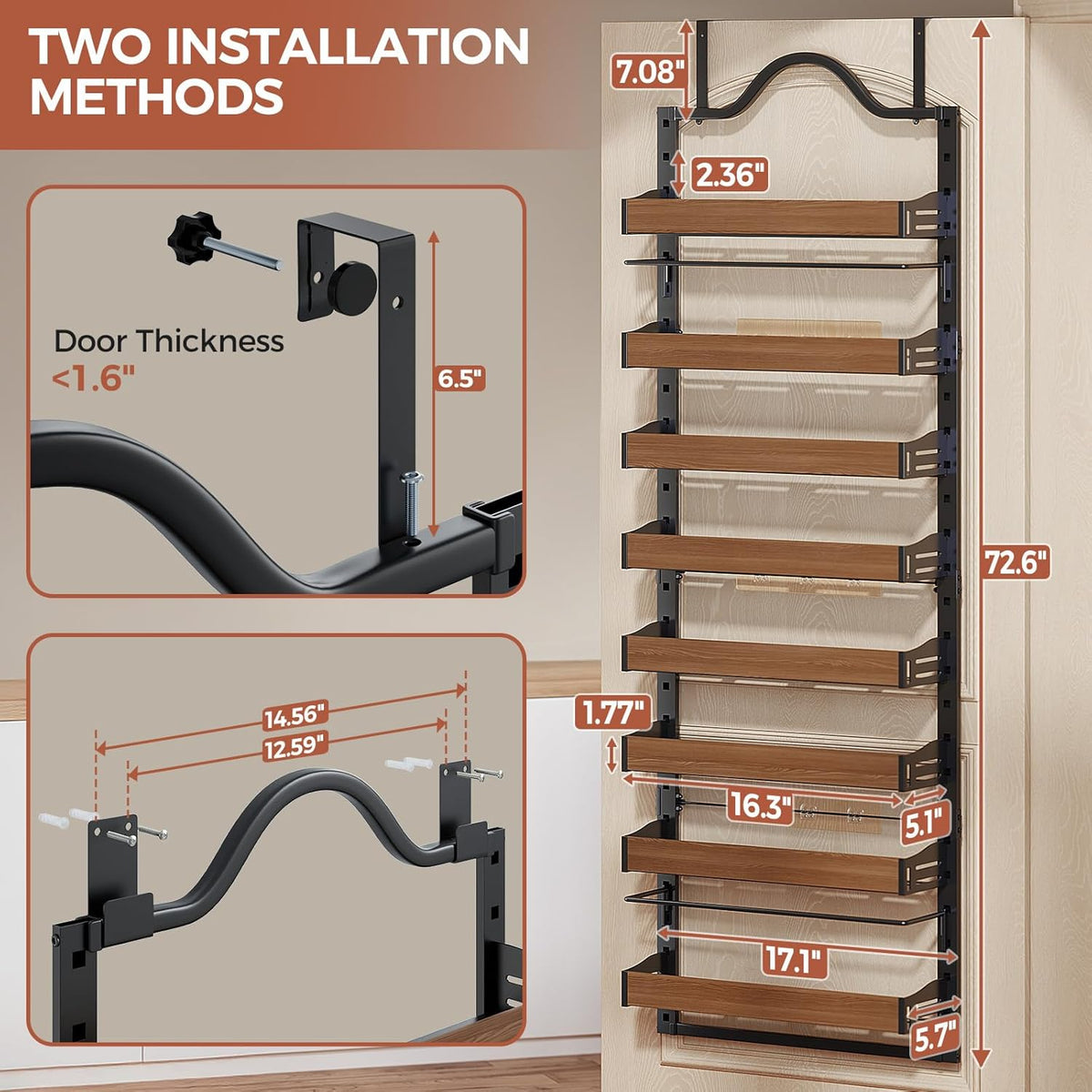 8-Tier Pantry Door Organizer, Over the Door Pantry Organizer with Wooden Adjustable Baskets, 2 IN 1 Spice Rack Wall